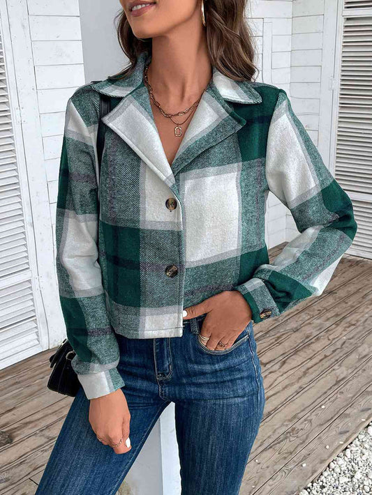 Plaid Collared Neck Button Up Long Sleeve Jacket - Madikfashions.com