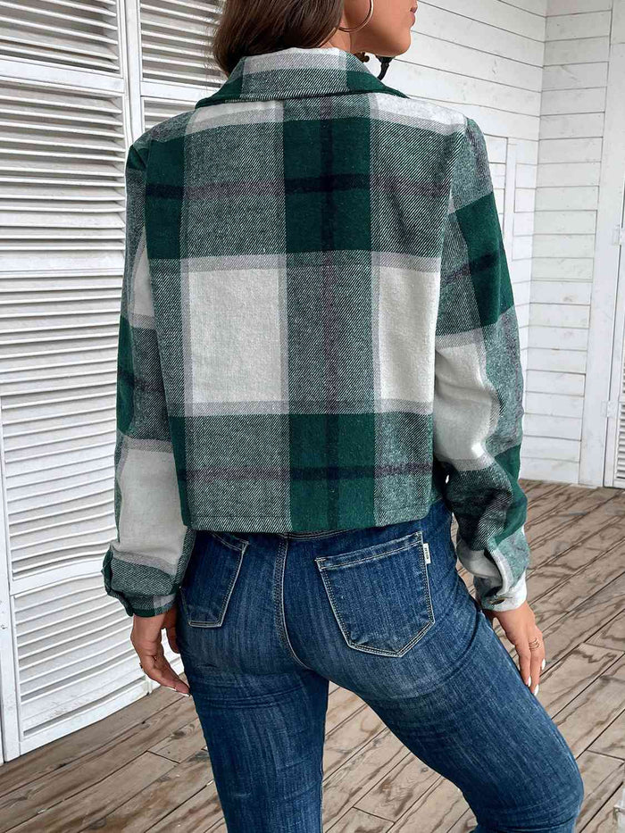 Plaid Collared Neck Button Up Long Sleeve Jacket - Madikfashions.com