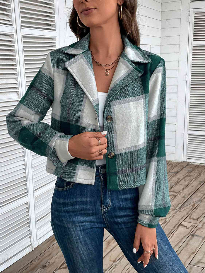 Plaid Collared Neck Button Up Long Sleeve Jacket - Madikfashions.com