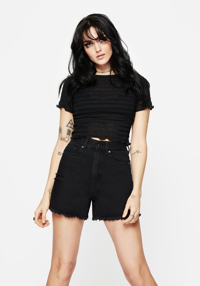 Planchette Embroidered Distressed Denim Shorts