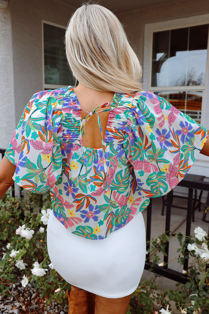 Plant Print Loose Fit Puff Sleeve Square Neck Cropped Blouse - Tops/Blouses & Shirts