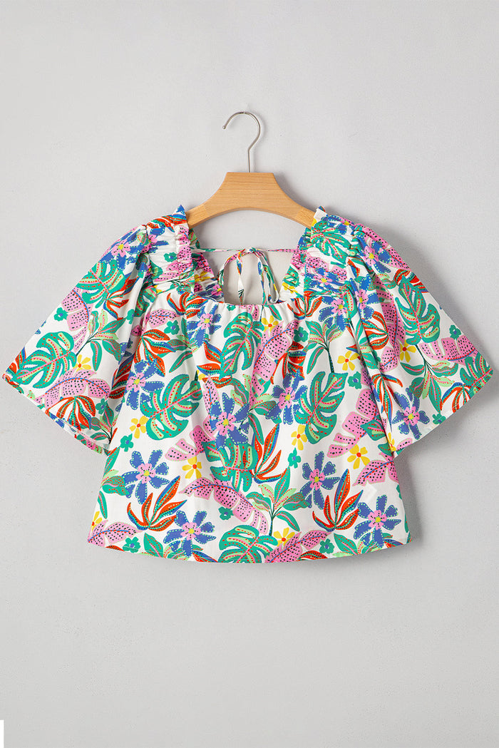 Plant Print Loose Fit Puff Sleeve Square Neck Cropped Blouse - Tops/Blouses & Shirts