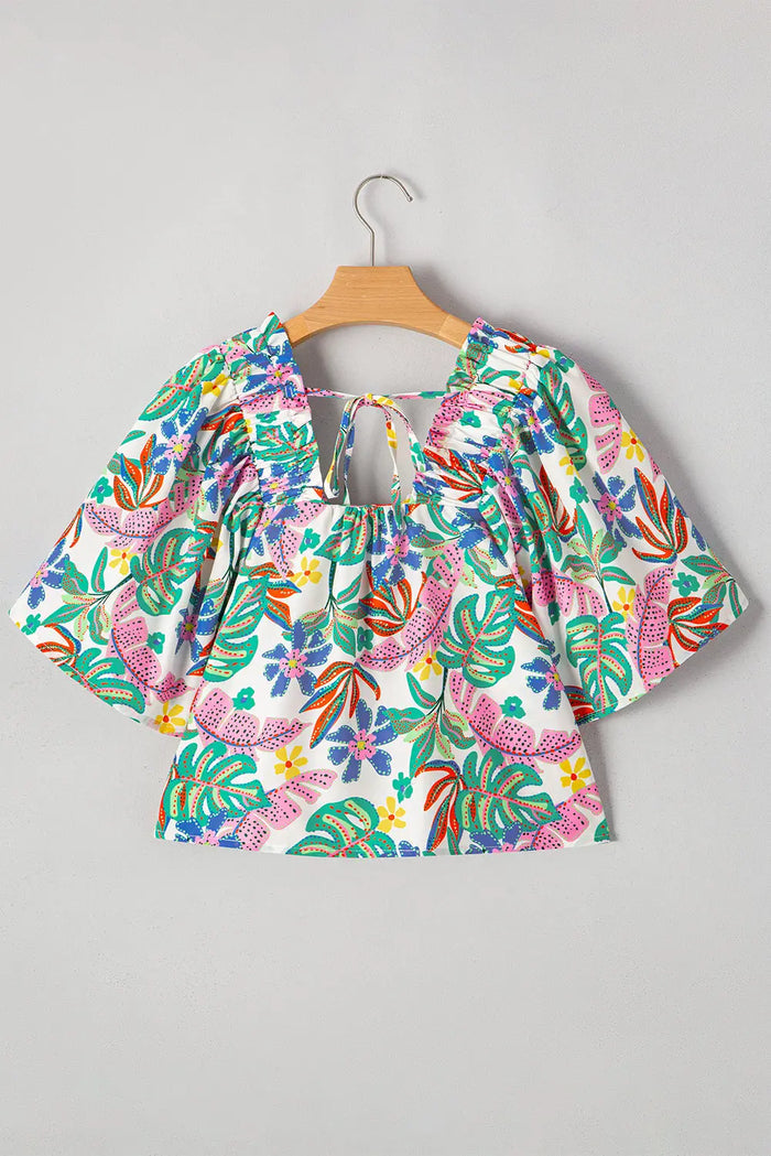 Plant Print Loose Fit Puff Sleeve Square Neck Cropped Blouse - Tops/Blouses & Shirts