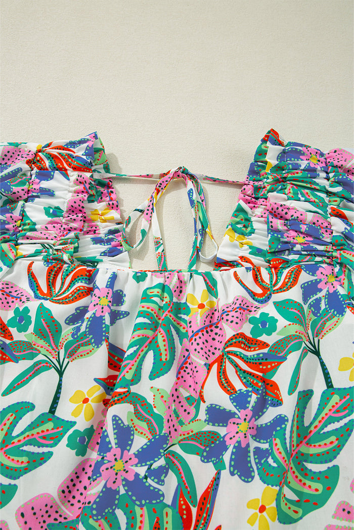 Plant Print Loose Fit Puff Sleeve Square Neck Cropped Blouse - Tops/Blouses & Shirts