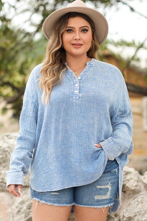Plus Size Half Button Long Sleeve Blouse - Madikfashions.com