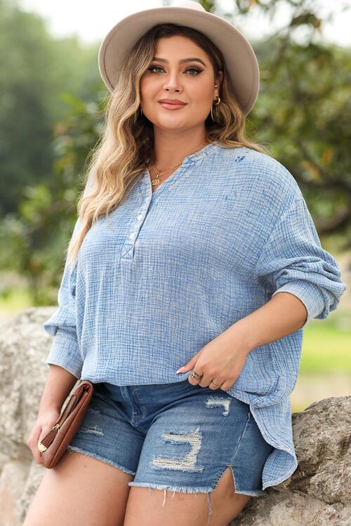 Plus Size Half Button Long Sleeve Blouse - Madikfashions.com