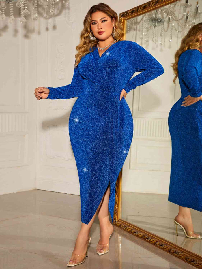 Plus Size Surplice Neck Slit Dress - Madikfashions.com