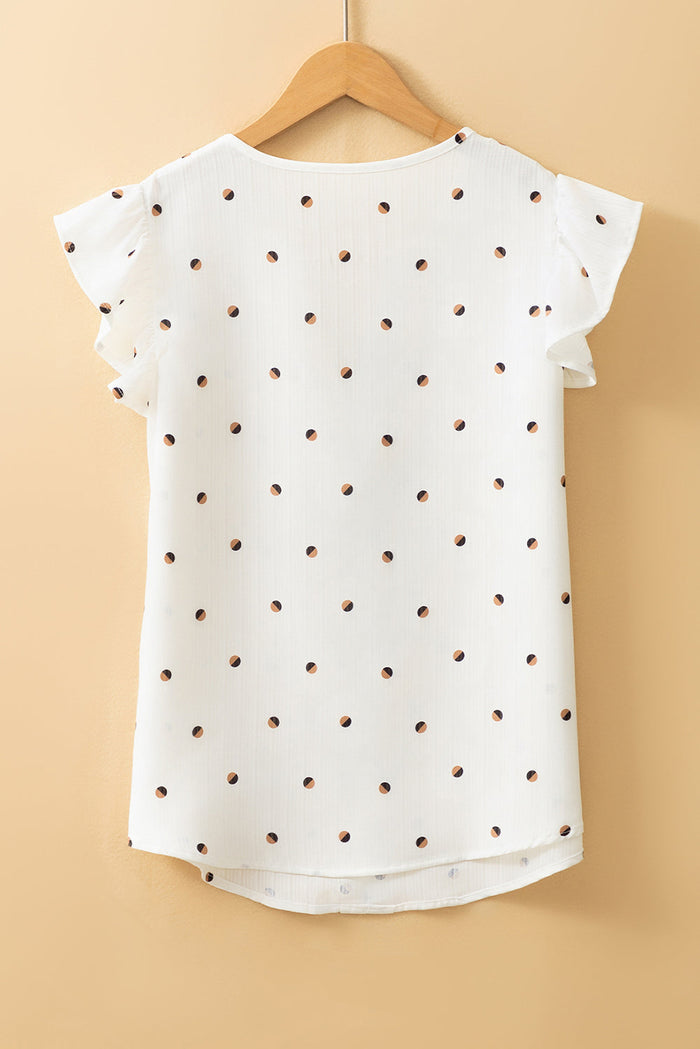 White Polka Dot Print Ruffled Shoulder V Neck Blouse - Tops/Blouses & Shirts