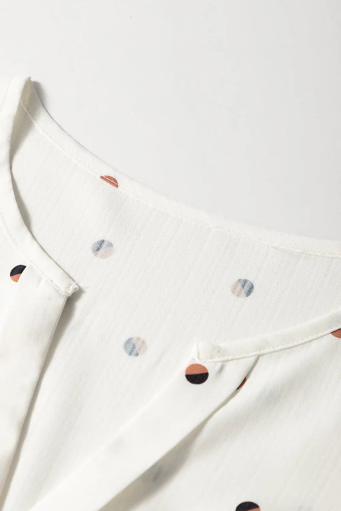 White Polka Dot Print Ruffled Shoulder V Neck Blouse - Tops/Blouses & Shirts