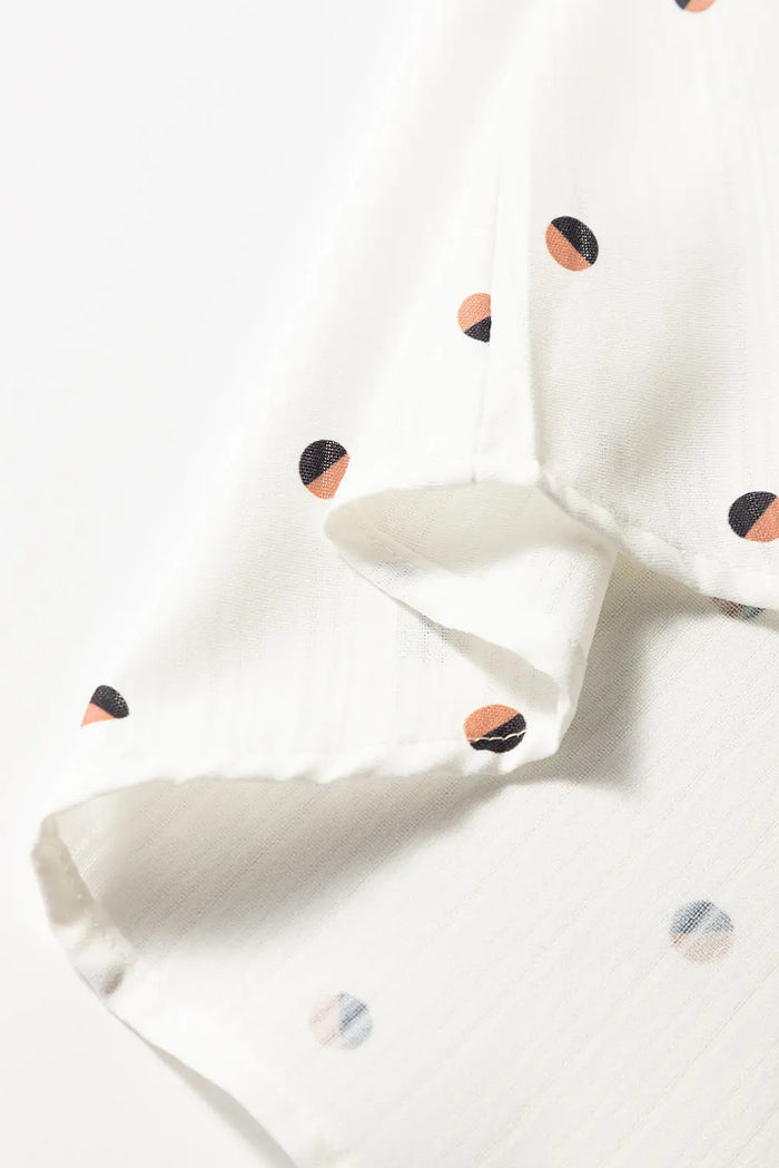 White Polka Dot Print Ruffled Shoulder V Neck Blouse - Tops/Blouses & Shirts