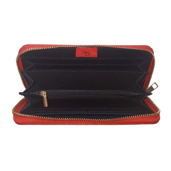 Red wallet with a visible brand logo on a white background