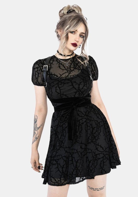 Prickle Thorn Print Mesh Puff Sleeve Mini Dress - Black