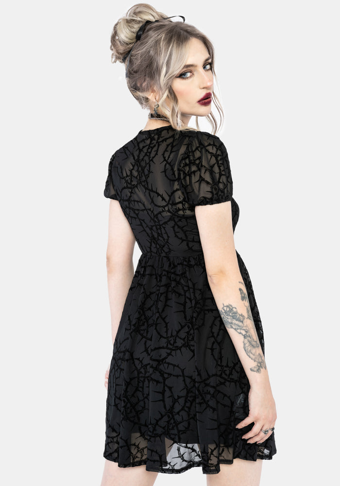 Prickle Thorn Print Mesh Puff Sleeve Mini Dress - Black