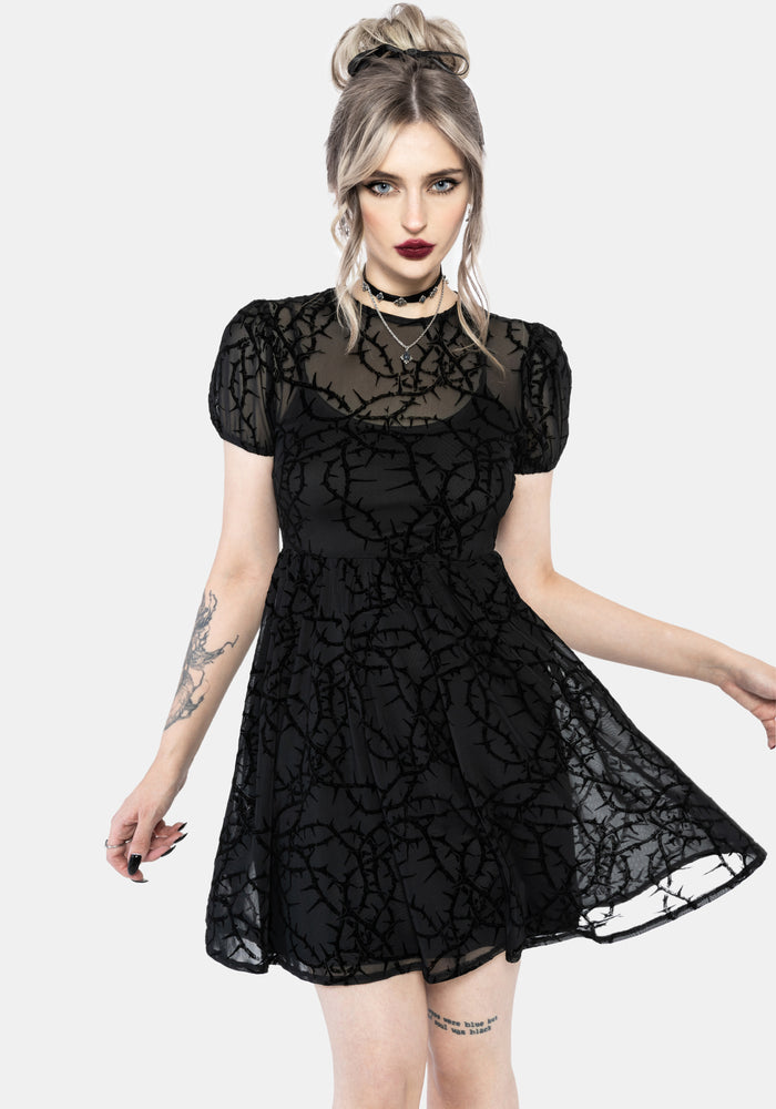 Prickle Thorn Print Mesh Puff Sleeve Mini Dress - Black