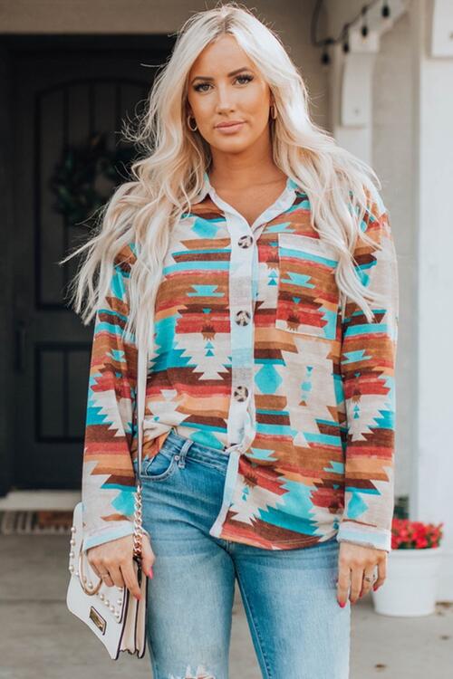 Printed Button Up Long Sleeve Shirt - Madikfashions.com