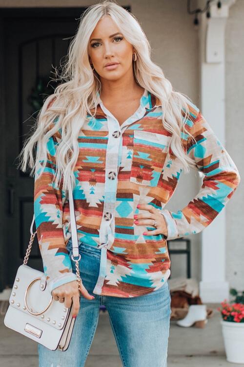 Printed Button Up Long Sleeve Shirt - Madikfashions.com