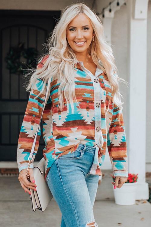 Printed Button Up Long Sleeve Shirt - Madikfashions.com