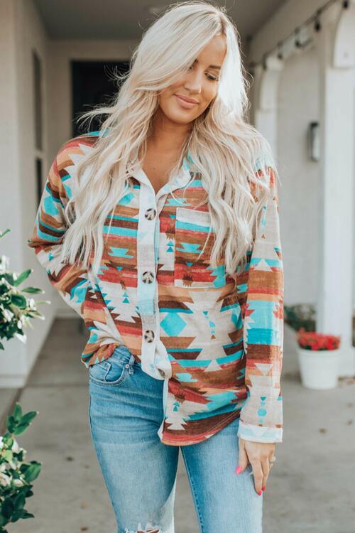 Printed Button Up Long Sleeve Shirt - Madikfashions.com