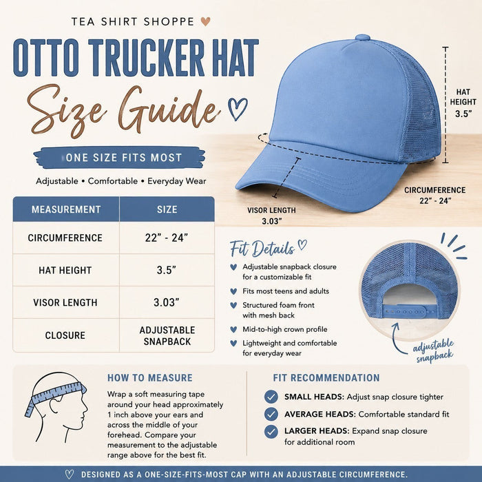 Tea Shirt Shoppe light blue trucker hat with "Oh Honey, I am That Mom" text, mesh back, and adjustable snap closure.