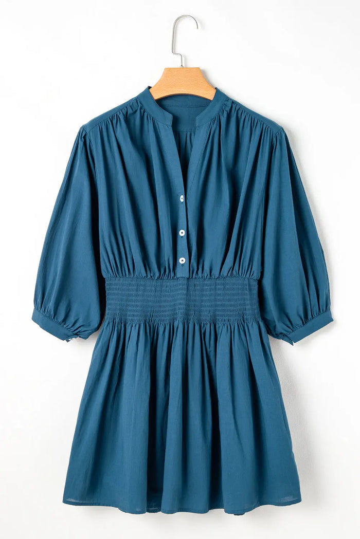 Shop Prussian Blue 3/4 Sleeve Shirred High Waist Buttoned Mini Dress at eAura