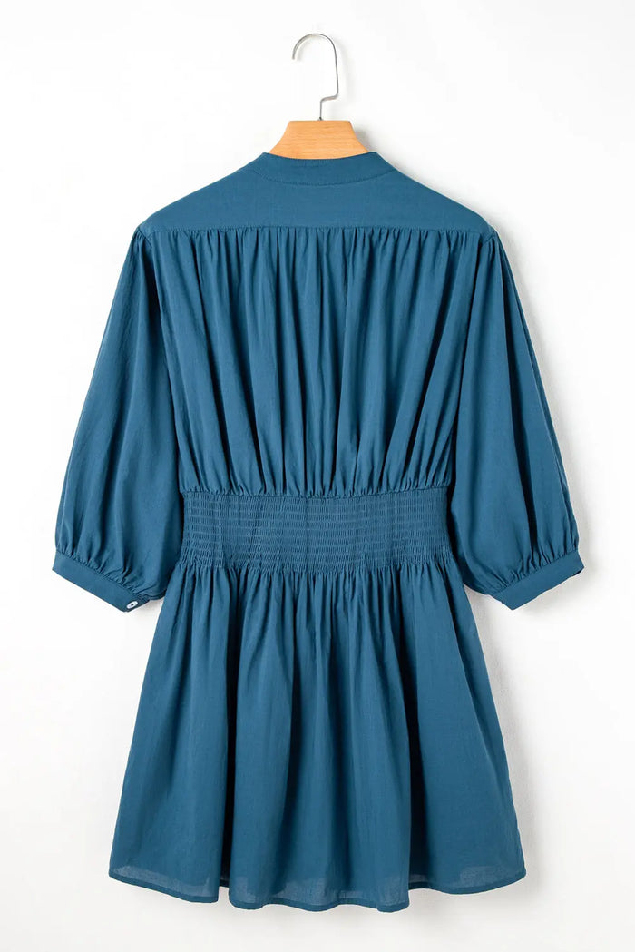 Shop Prussian Blue 3/4 Sleeve Shirred High Waist Buttoned Mini Dress at eAura