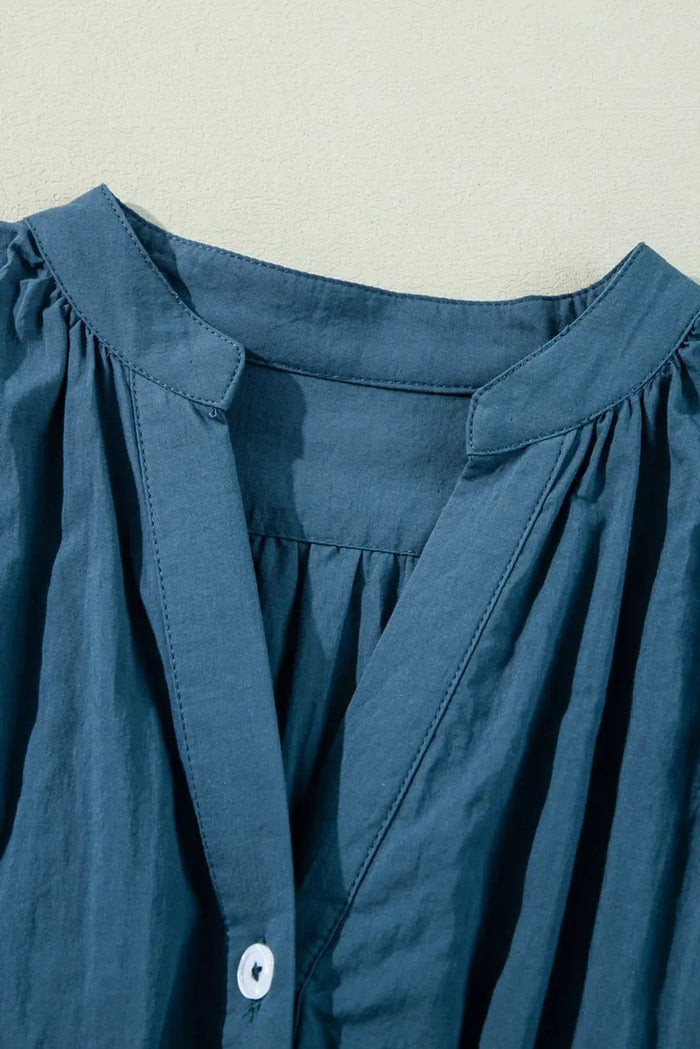 Shop Prussian Blue 3/4 Sleeve Shirred High Waist Buttoned Mini Dress at eAura