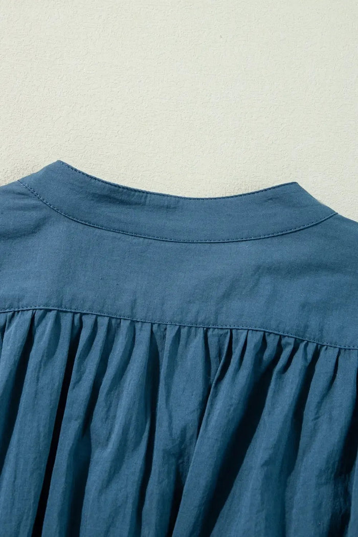 Shop Prussian Blue 3/4 Sleeve Shirred High Waist Buttoned Mini Dress at eAura