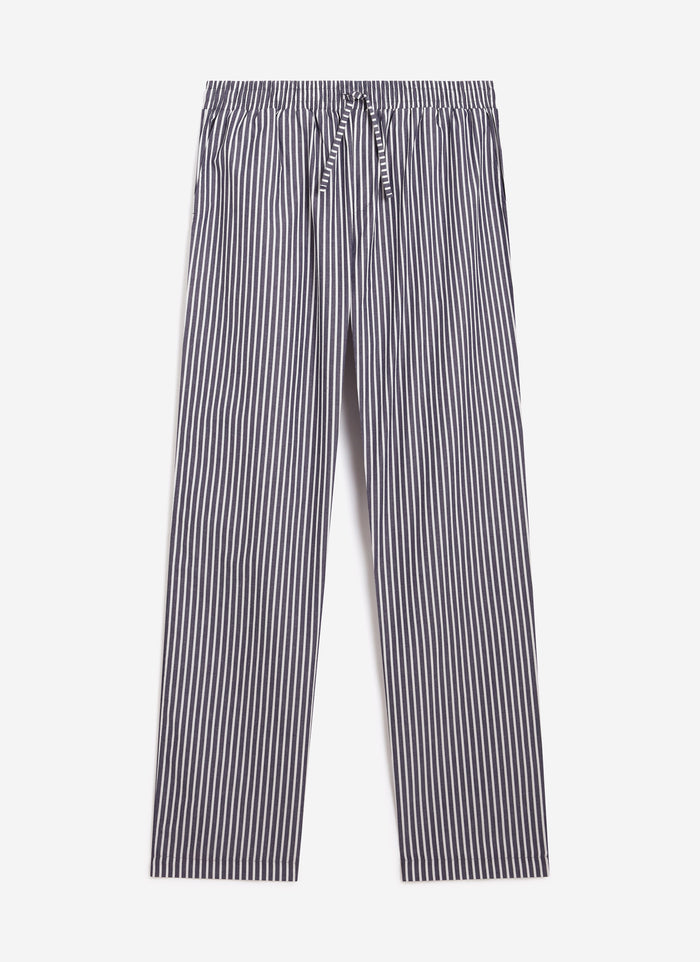 A studio shot of the blue and white striped cotton pyjama bottoms from Percival, featuring an elasticated drawstring waist.