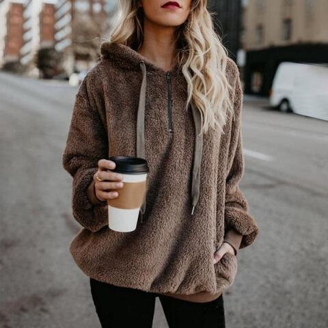 Quarter-Zip Drawstring Teddy Hoodie - Madikfashions.com
