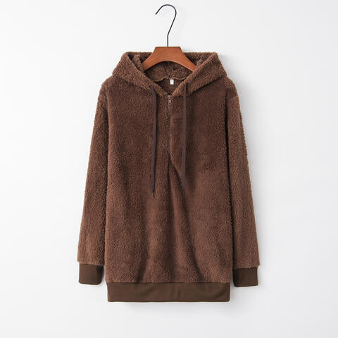 Quarter-Zip Drawstring Teddy Hoodie - Madikfashions.com