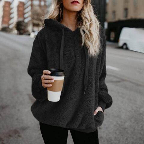 Quarter-Zip Drawstring Teddy Hoodie - Madikfashions.com