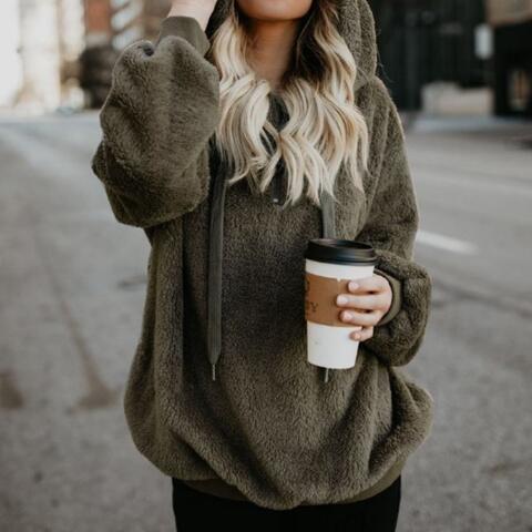 Quarter-Zip Drawstring Teddy Hoodie - Madikfashions.com