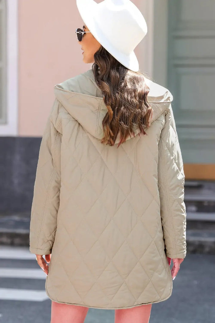 Quilted Snap Button Hooded Coat - Outerwear/Coats