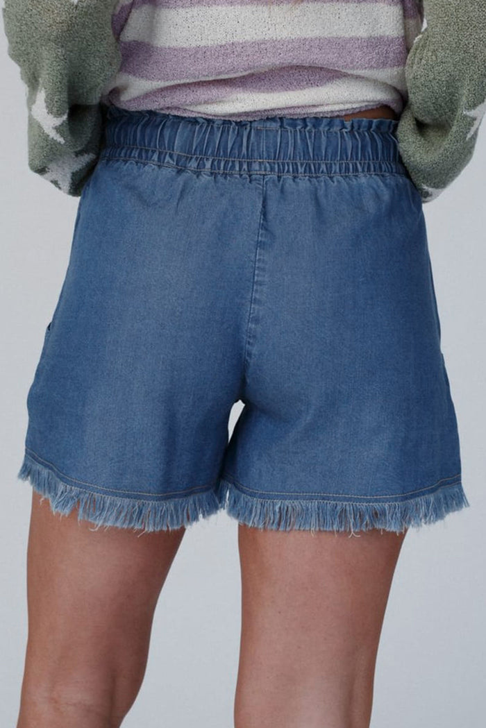 Ashleigh Blue Raw Hem Drawstring High Waist Denim Shorts with Pockets - Bottoms/Denim
