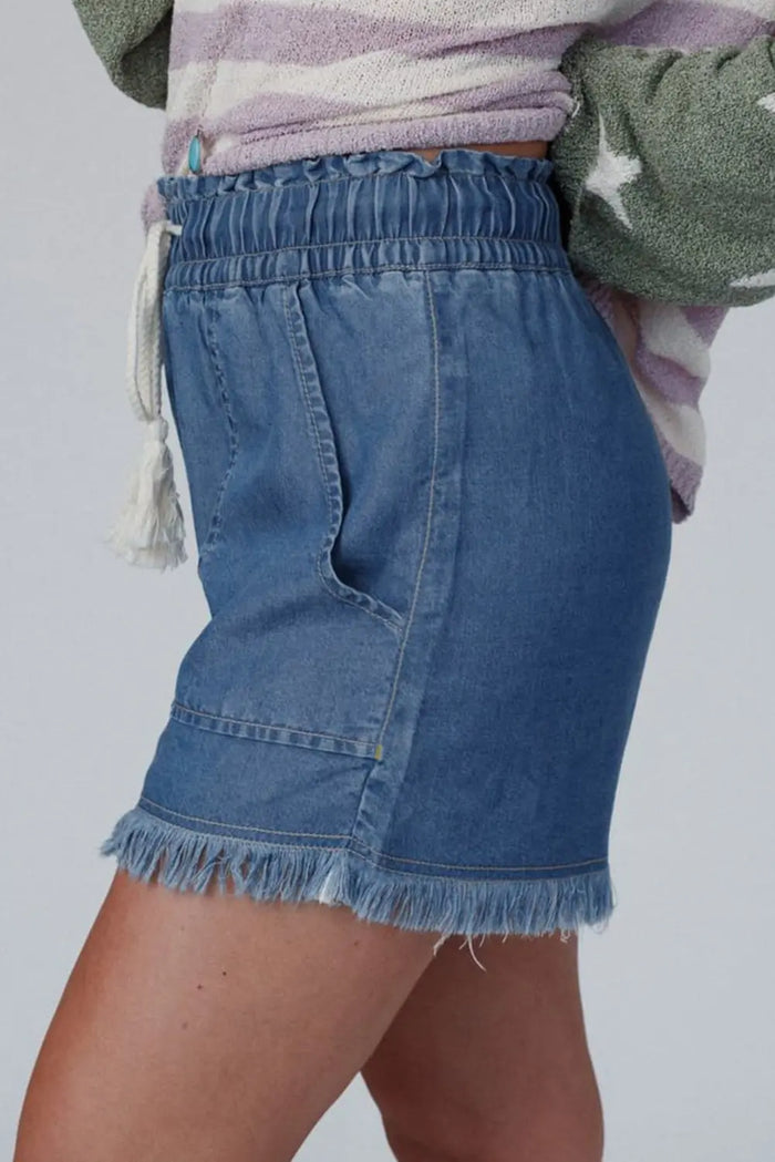Ashleigh Blue Raw Hem Drawstring High Waist Denim Shorts with Pockets - Bottoms/Denim
