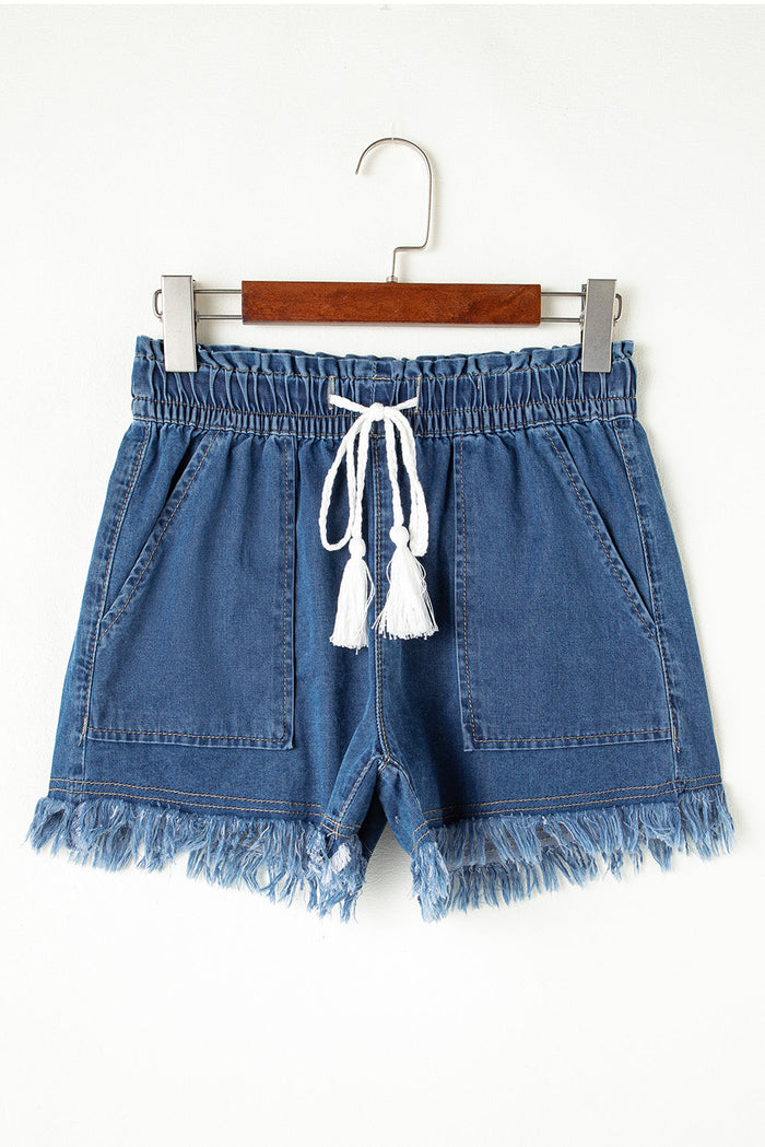 Ashleigh Blue Raw Hem Drawstring High Waist Denim Shorts with Pockets - Bottoms/Denim