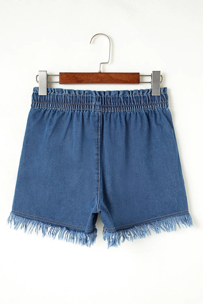Ashleigh Blue Raw Hem Drawstring High Waist Denim Shorts with Pockets - Bottoms/Denim