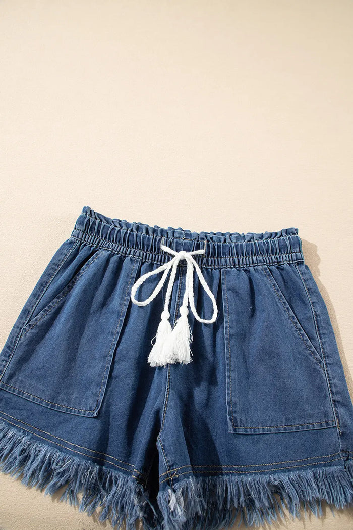 Ashleigh Blue Raw Hem Drawstring High Waist Denim Shorts with Pockets - Bottoms/Denim