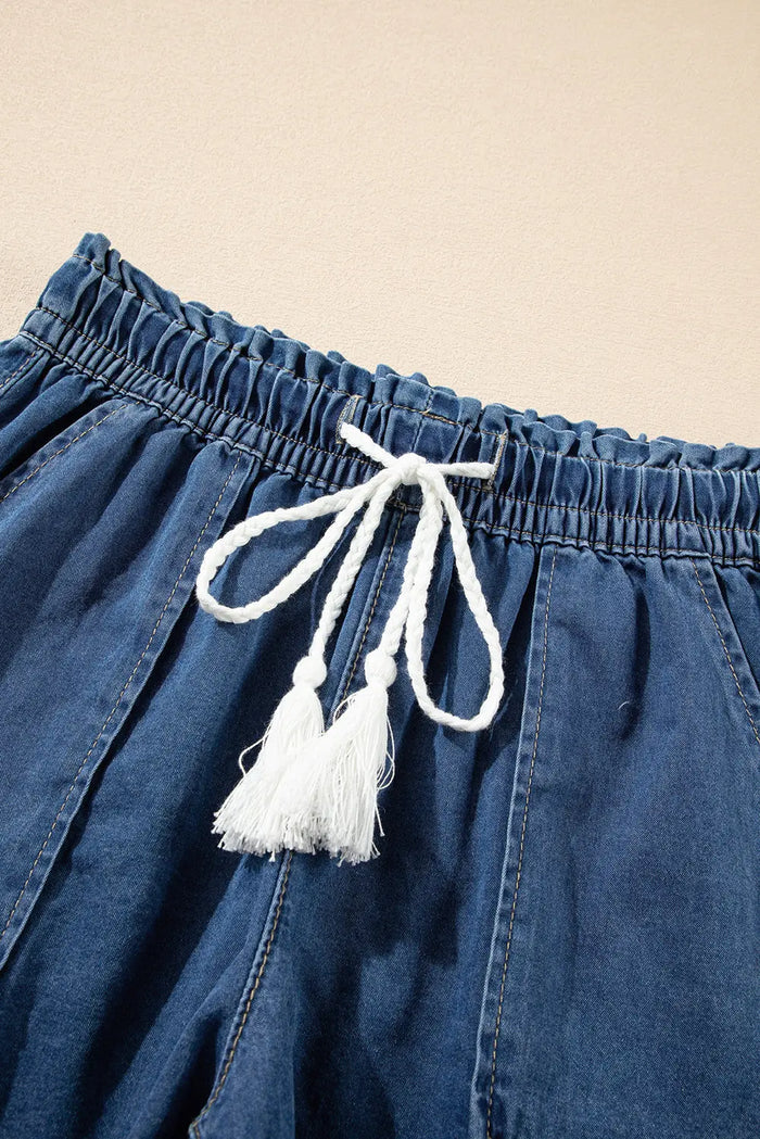 Ashleigh Blue Raw Hem Drawstring High Waist Denim Shorts with Pockets - Bottoms/Denim