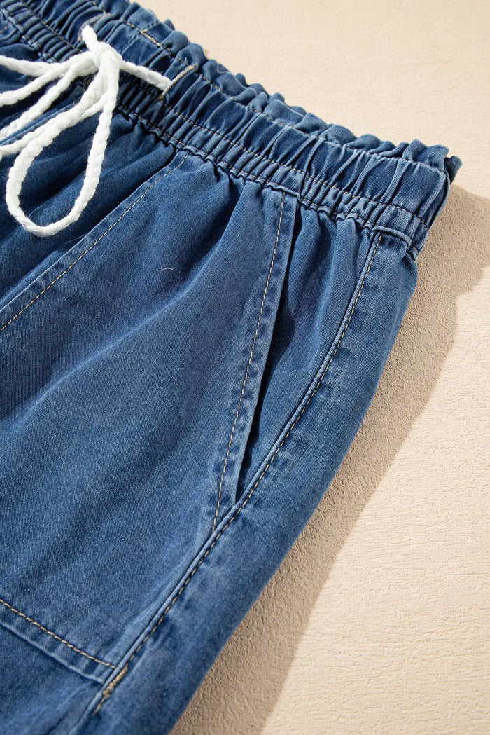 Ashleigh Blue Raw Hem Drawstring High Waist Denim Shorts with Pockets - Bottoms/Denim