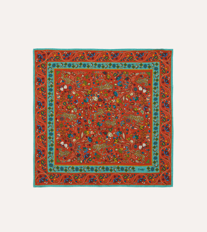 Red Tiger Garden Print Wool-Silk Bandana