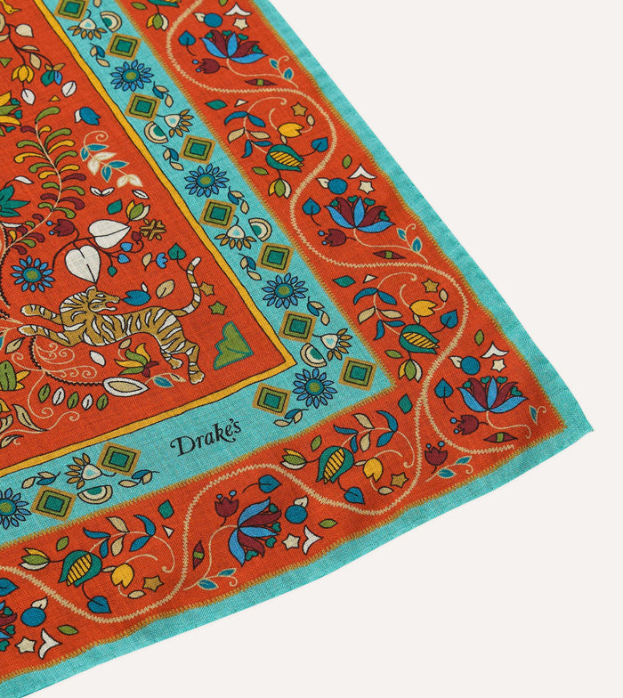 Red Tiger Garden Print Wool-Silk Bandana