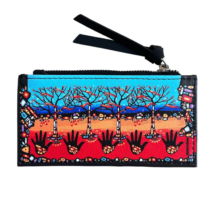 Colorful wallet with artistic design of hands and trees on a white background