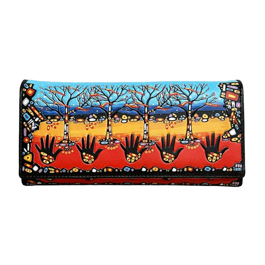 Colorful wallet with artistic design of hands and trees on a white background