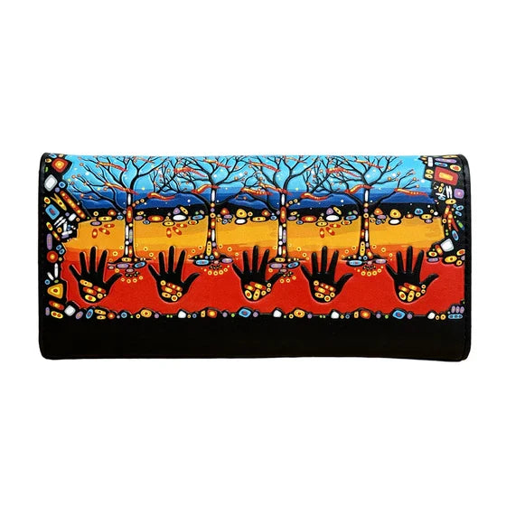 Colorful wallet with artistic design of trees and hands on a white background