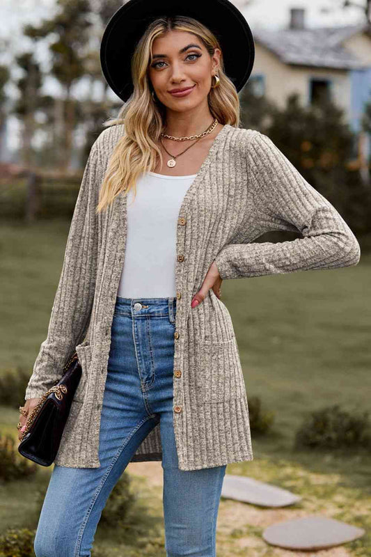Ribbed Button-Up Cardigan with Pockets - Madikfashions.com