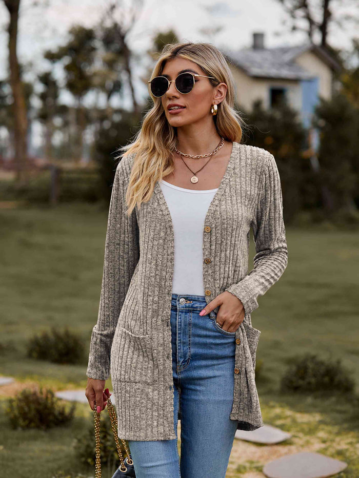 Ribbed Button-Up Cardigan with Pockets - Madikfashions.com