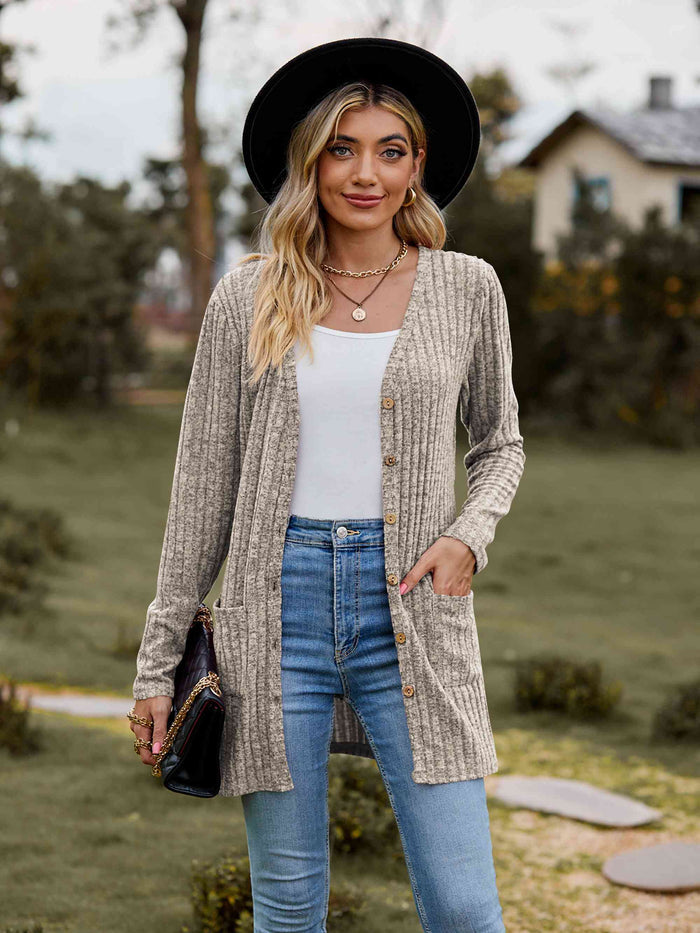 Ribbed Button-Up Cardigan with Pockets - Madikfashions.com