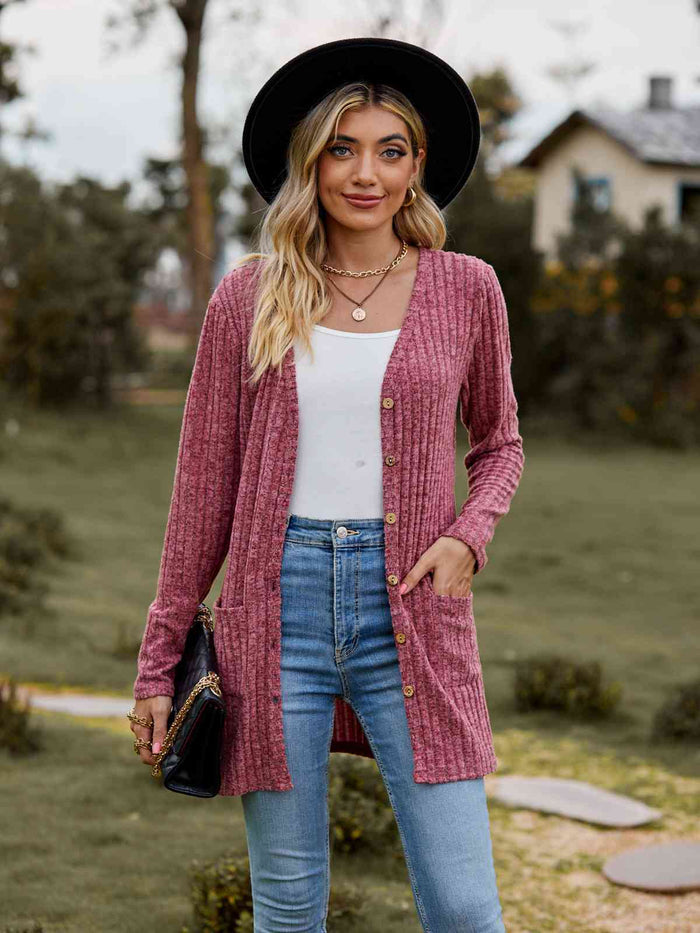Ribbed Button-Up Cardigan with Pockets - Madikfashions.com