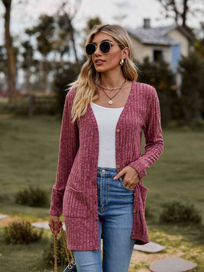 Ribbed Button-Up Cardigan with Pockets - Madikfashions.com